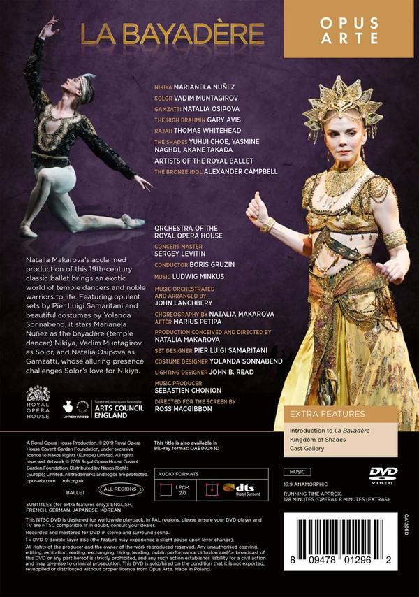 DVD-Cover des Balletts La Bayadère, mit Tänzern und Text.