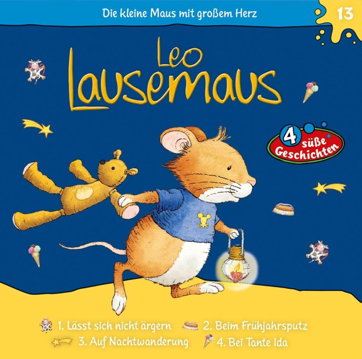 Buchcover von "Leo Lausemaus" mit einer Maus, die eine Laterne hält, und Text.