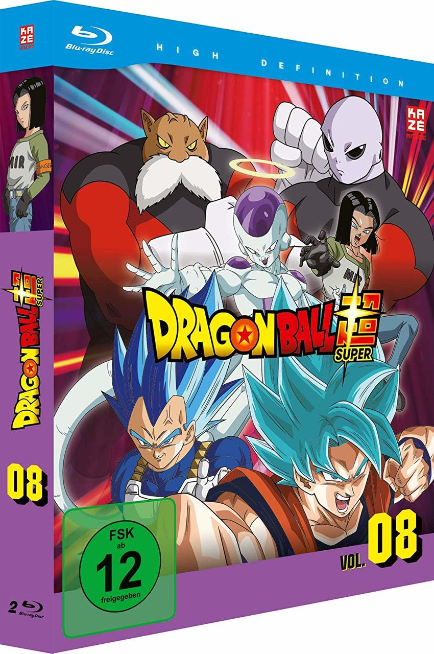 Eine Blu-ray-Disc-Hülle von Dragon Ball Super Vol. 08 mit mehreren Charakteren auf dem Cover.
