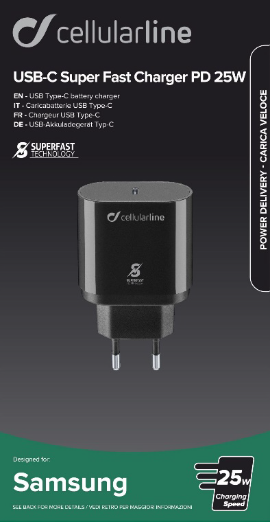 Cellularline USB-C Super Fast Charger PD 25W, schwarzes Ladegerät mit europäischem Stecker.
