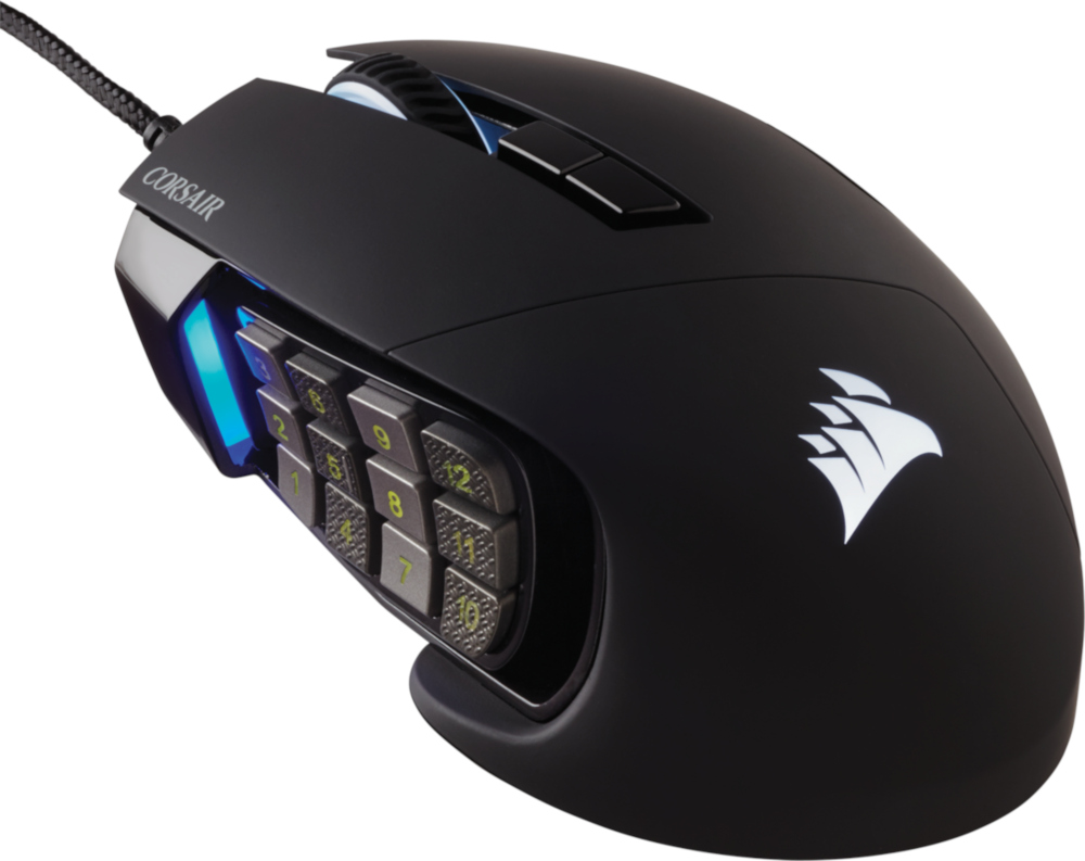 Black gaming mouse with side buttons and a numeric keypad. Corsair logo is prominent.