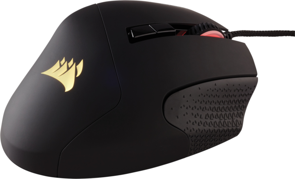 Black Corsair gaming mouse with gold logo and textured side grip.