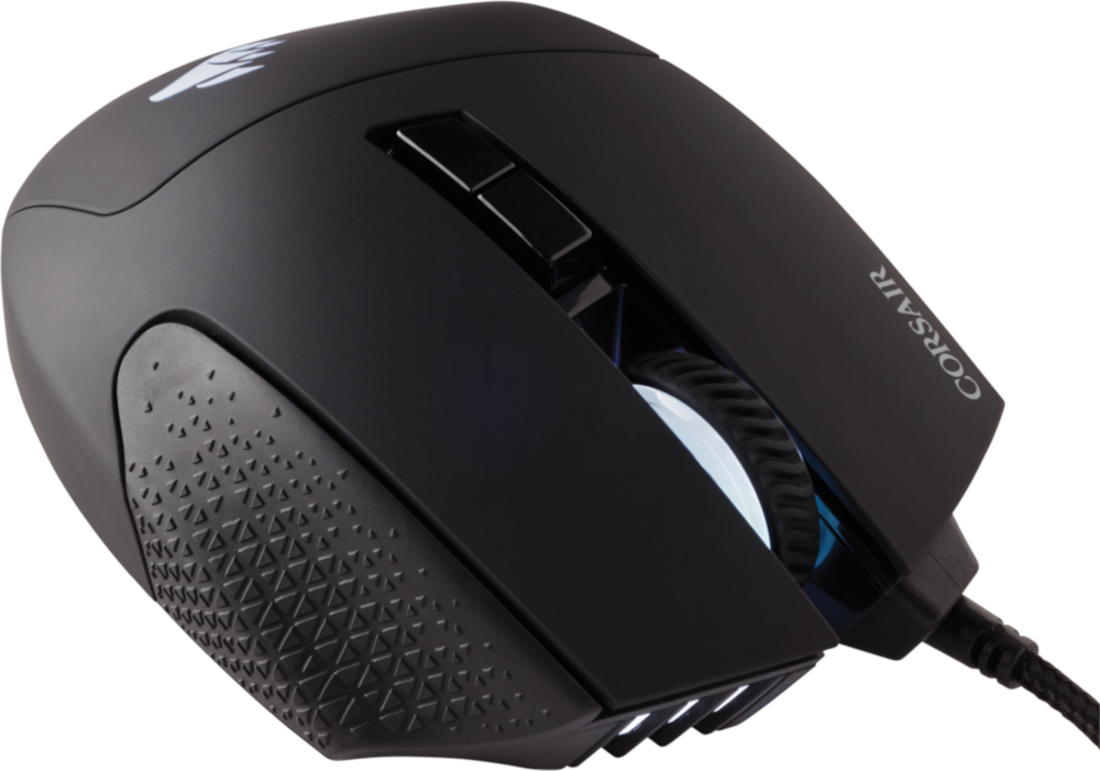 Black computer mouse with buttons and a scroll wheel.