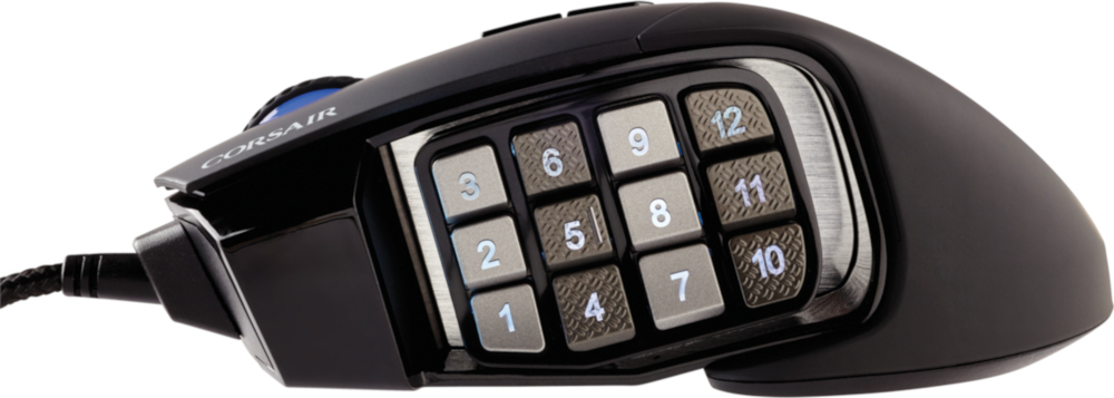 A black and blue gaming mouse with a side panel of 12 numbered buttons.