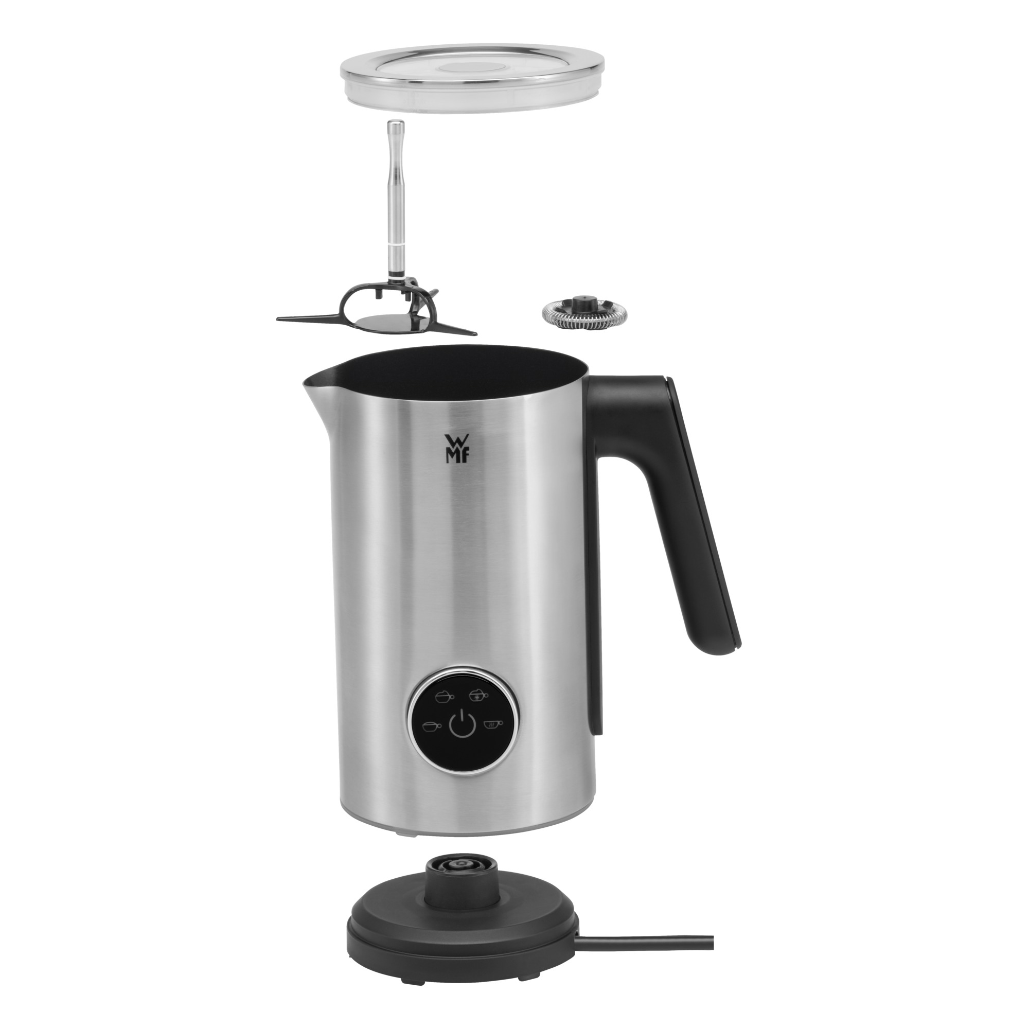 Stainless steel milk frother with various parts disassembled.