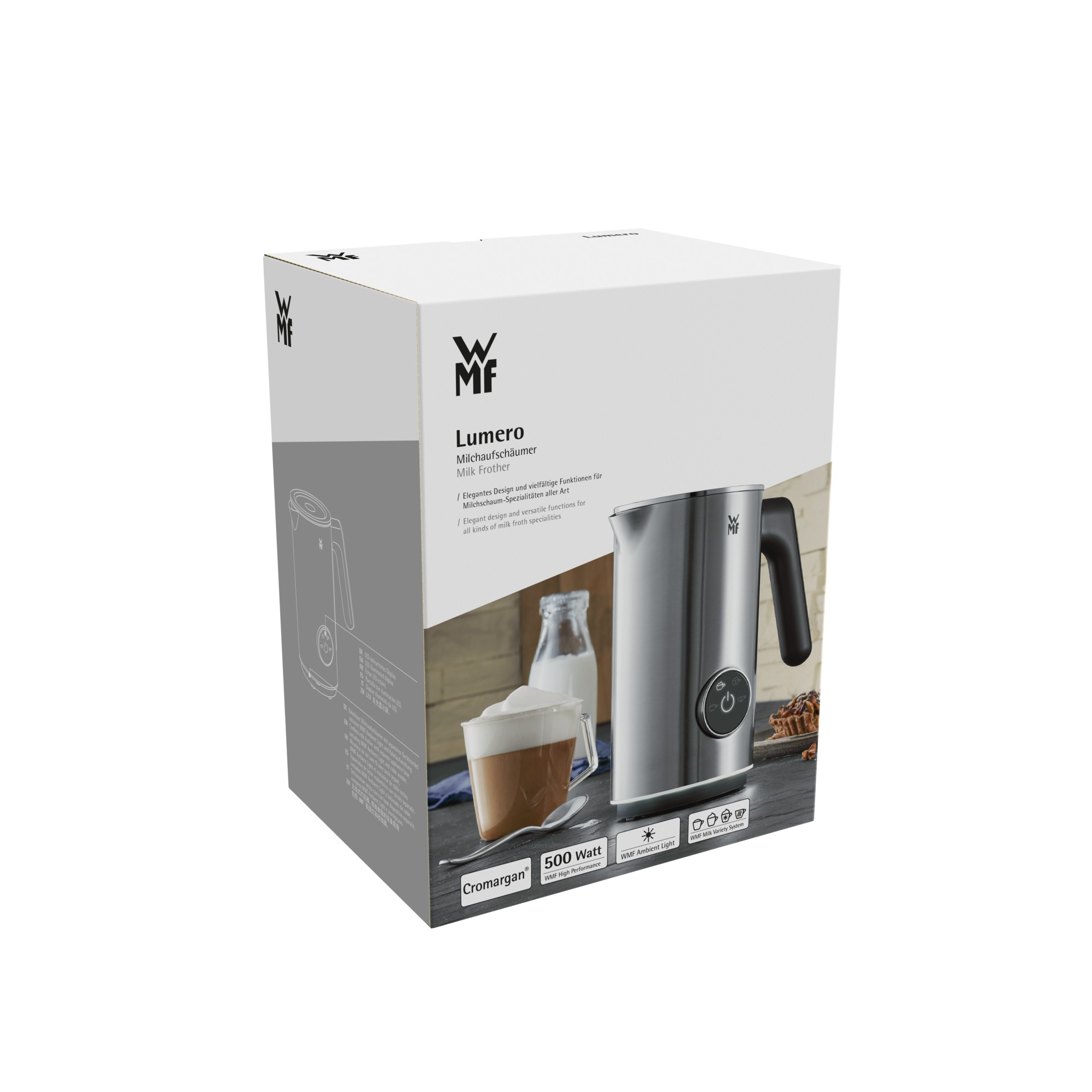 A white box of a milk frother, with a picture of the product and its features.