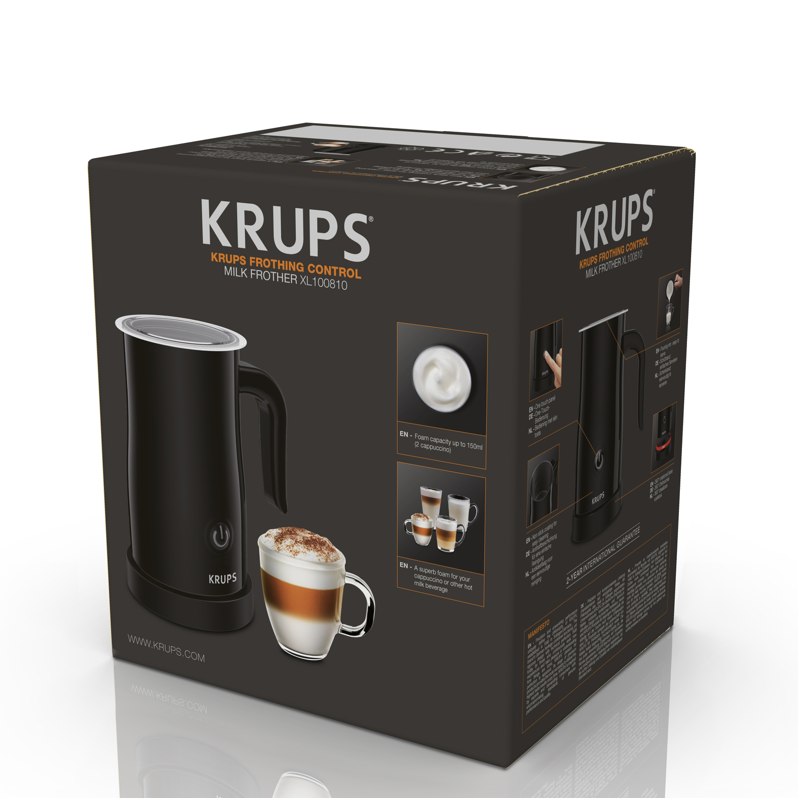 A black Krups milk frother box with a picture of a cappuccino. Instructions are on the side.