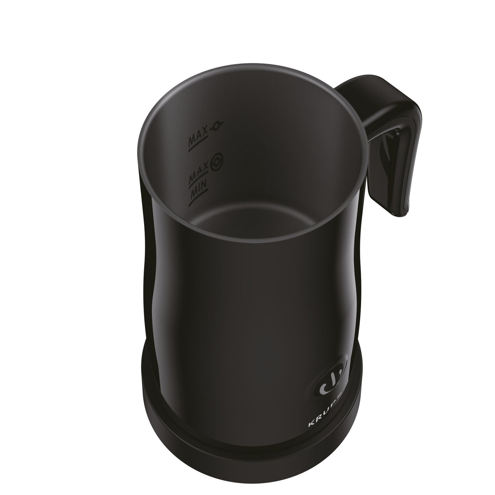 Black Krups milk frother, top view. Visible inside with max/min indicators and a handle.