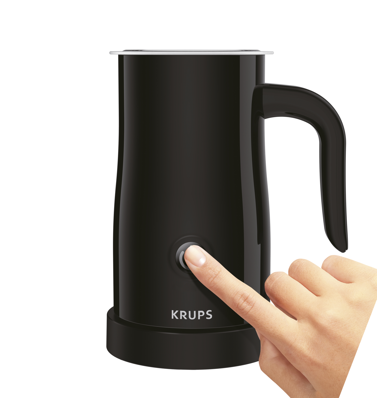 Black Krups milk frother with a finger pressing the power button.