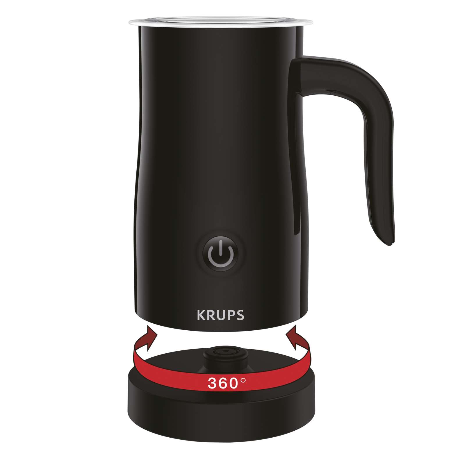 Black Krups milk frother with a base. The base has a 360° rotating symbol, and a power button.