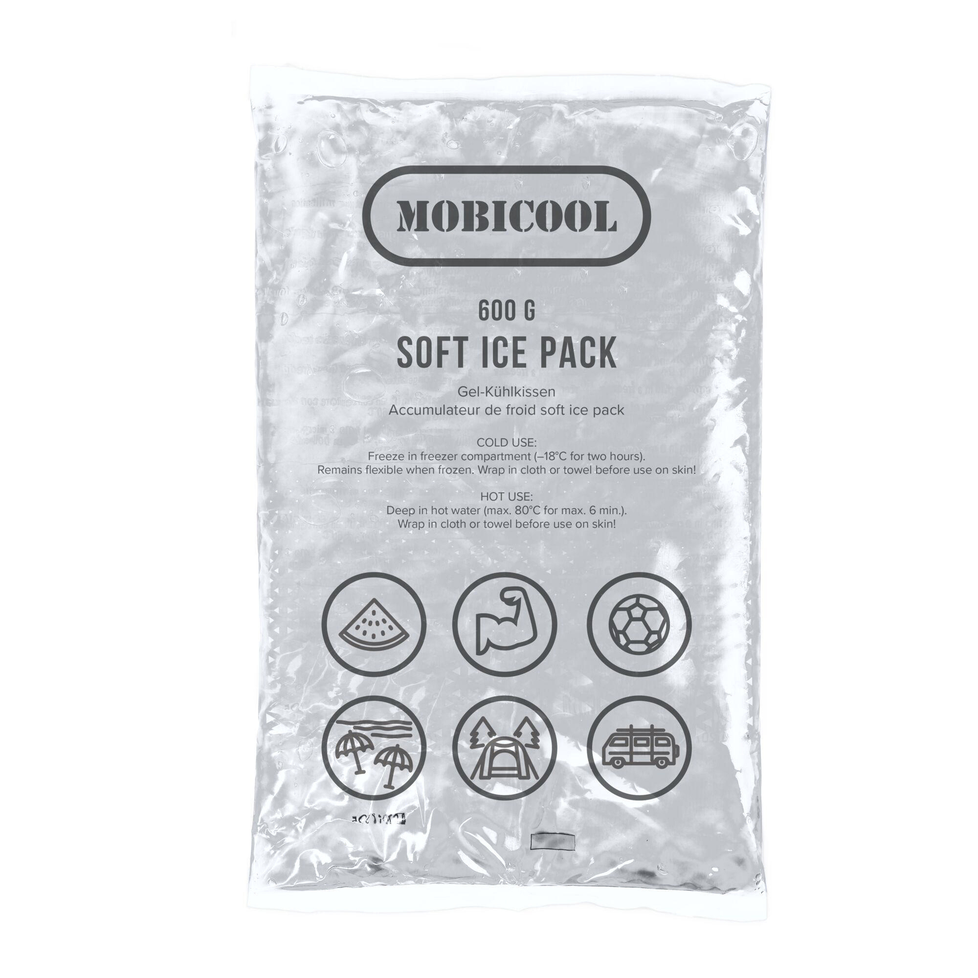 Mobicool Soft-Eispackung mit Symbolen für Wassermelone, Muskel, Fußball, Regenschirm, Zelt und Wohnwagen.