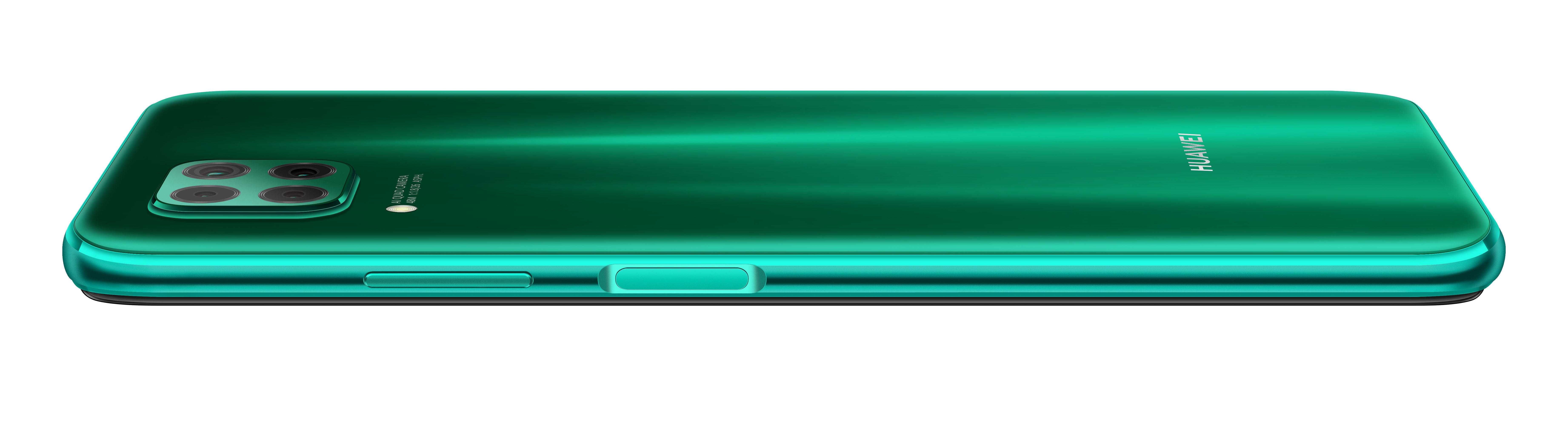 Grünes Smartphone, Seitenansicht, drei Kameras, Ein-/Ausschalter und Lautstärkeregler.
