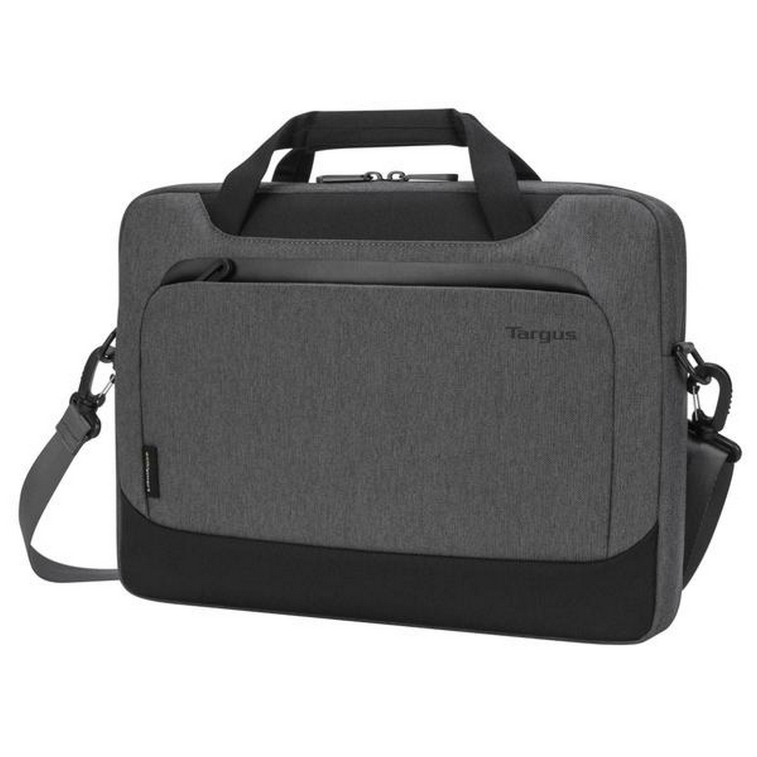 Una bolsa para portátil Targus, gris con base negra, correa para el hombro y asa. Es un diseño práctico.