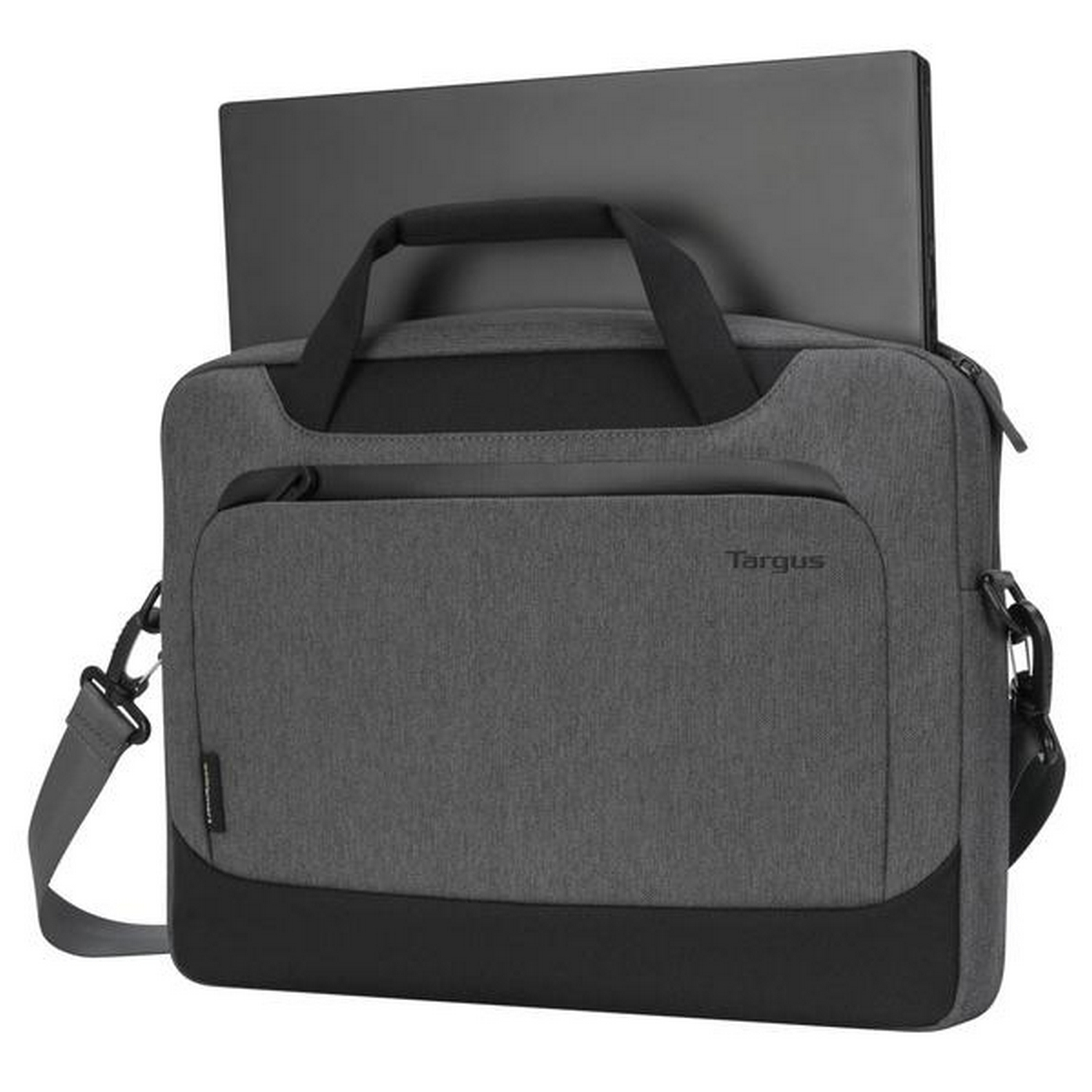 Bolsa para portátil Targus gris con portátil.