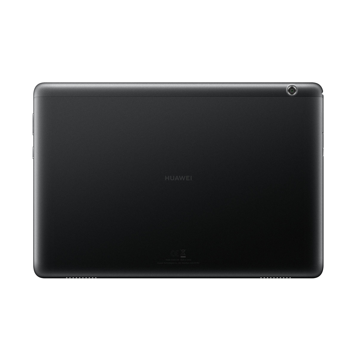 Tableta Huawei negra, vista trasera. Lente de cámara visible en la esquina superior derecha.