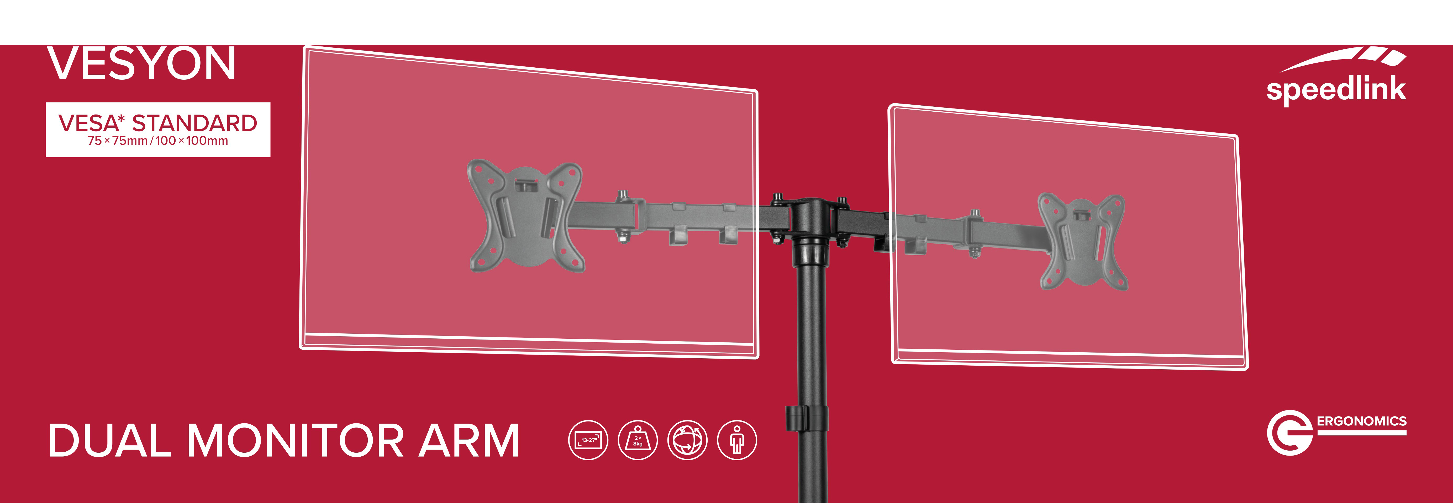 SPEEDLINK VESYON Dual Monitor Arm, Geeignet für Monitore mit 13 – 27“ (33 – 68.6cm) und einem Gewicht von jeweils bis zu 8kg, Schwarz