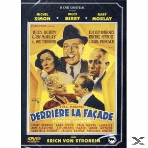 Filmposter met portretten van acteurs en de titel "Derrière la Façade". Met Jules Berry, Gaby Morlay en Erich von Stroheim.