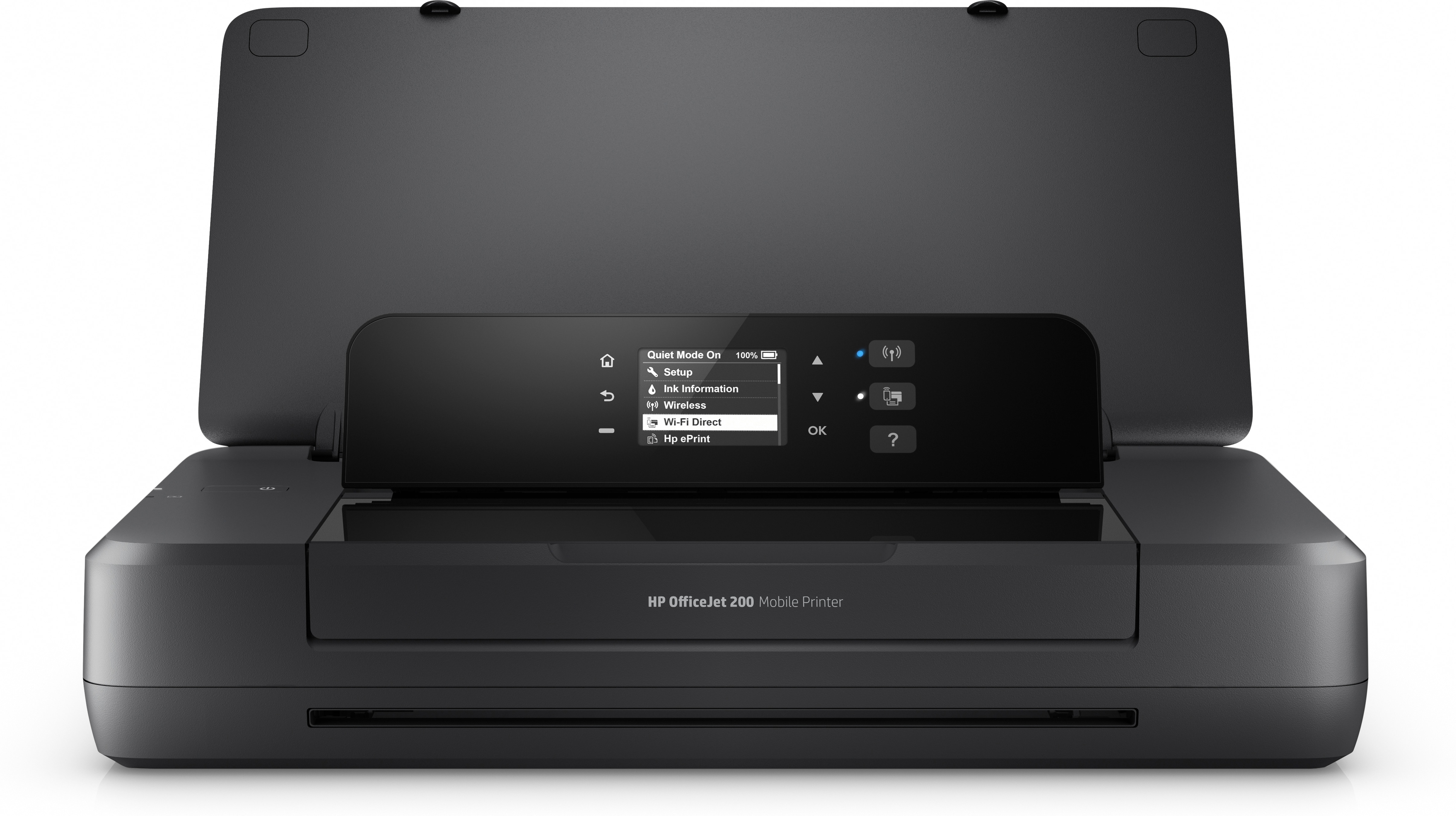 Ein schwarzer HP OfficeJet 200 Mobil-Drucker mit geöffnetem Deckel und einem Touchscreen-Display.