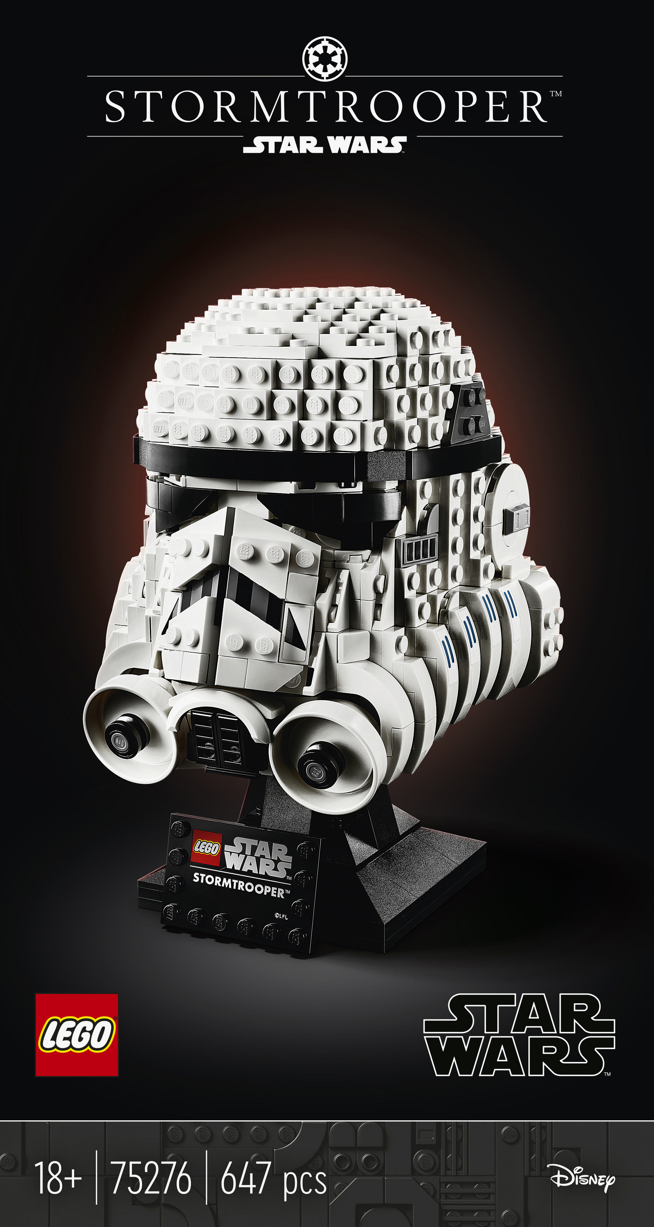 Lego Star Wars Sturmtruppenhelm, schwarzer Ständer, weißer Hintergrund, schwarzer Text.