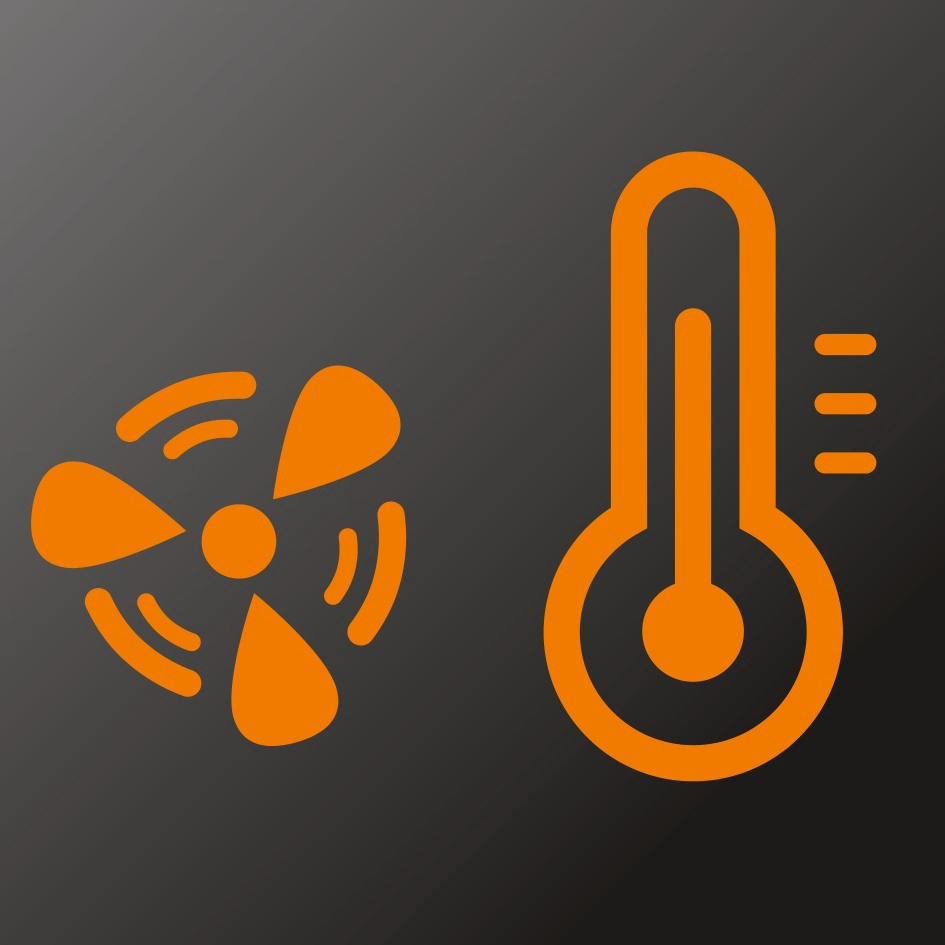 Lüfter- und Thermometer-Orange-Icons auf grauem Hintergrund.