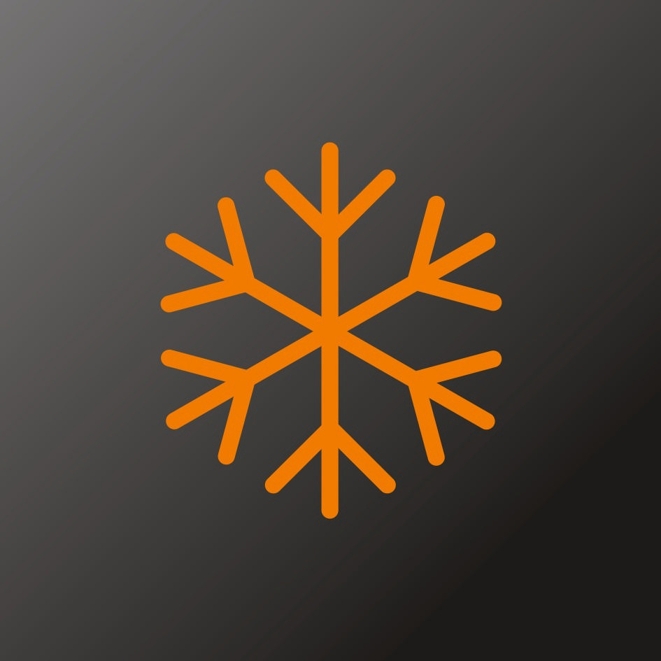 Orangenes Schneeflocken-Symbol auf dunkelgrauem Hintergrund.
