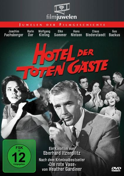 Filmposter: Menschen in einer spannungsgeladenen Szene. Titel: Hotel Der Toten Gaste. Namen der Schauspieler sind aufgeführt.