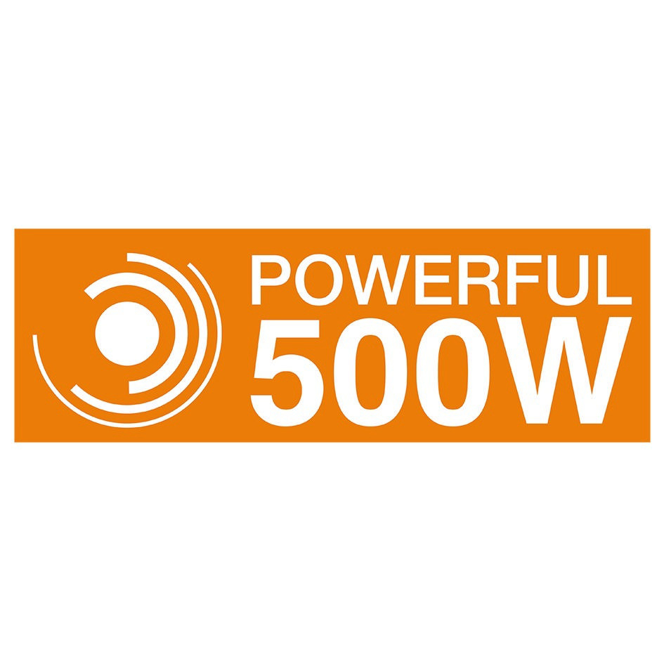 Ein oranges Rechteck mit dem Text 'POWERFUL 500W' in Weiß und einem kreisförmigen Logo.
