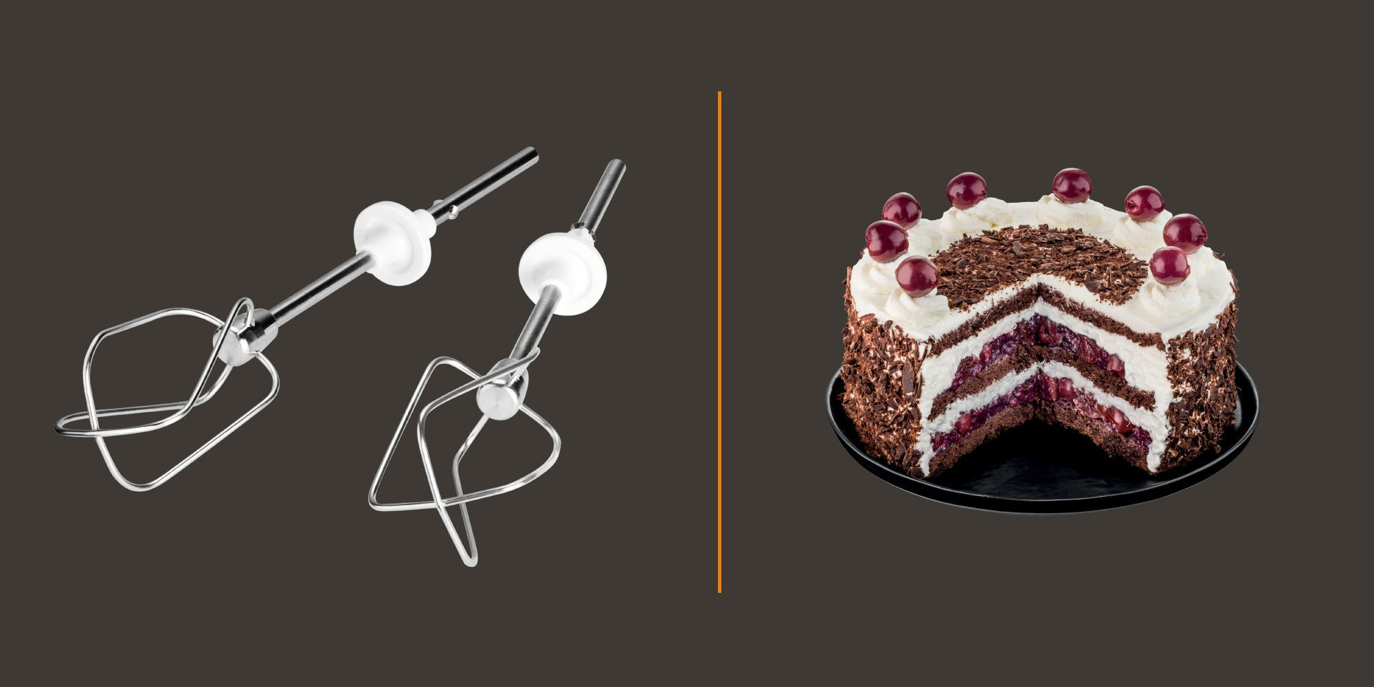 Mixeraufsätze und Kuchen auf dunklem Hintergrund, mit senkrechter oranger Linie.