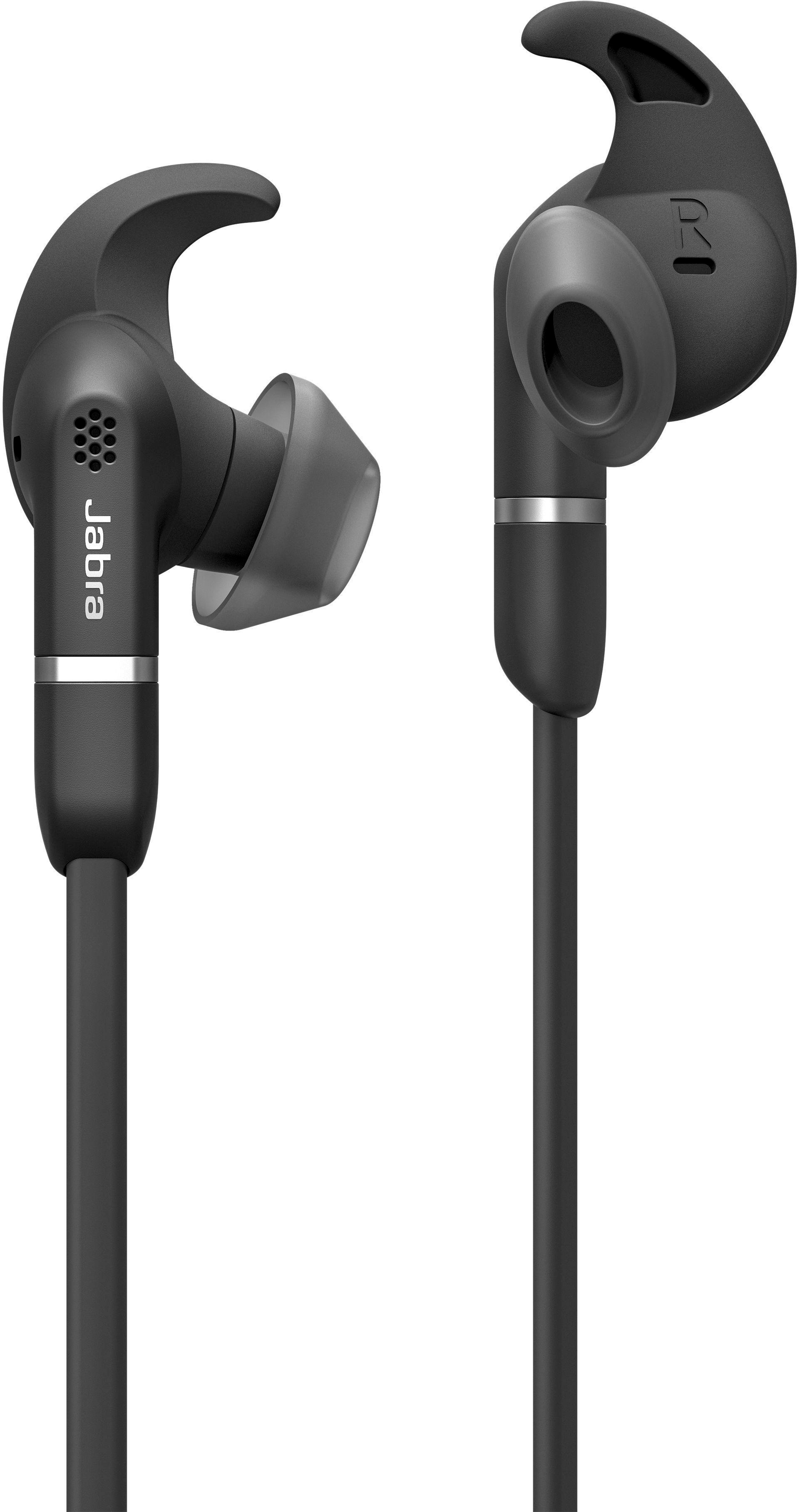 Schwarze Jabra-Ohrhörer, abgewinkeltes Design, mit Ohrhaken und Kabel. Weißer Hintergrund.