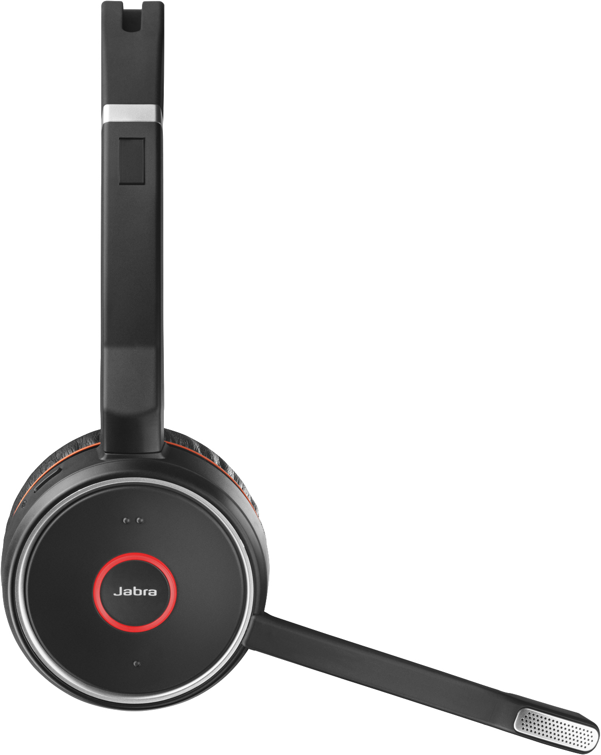 Schwarzes Jabra-Headset mit Mikrofon. Es hat einen roten Knopf in der Mitte und ein silbernes Band.