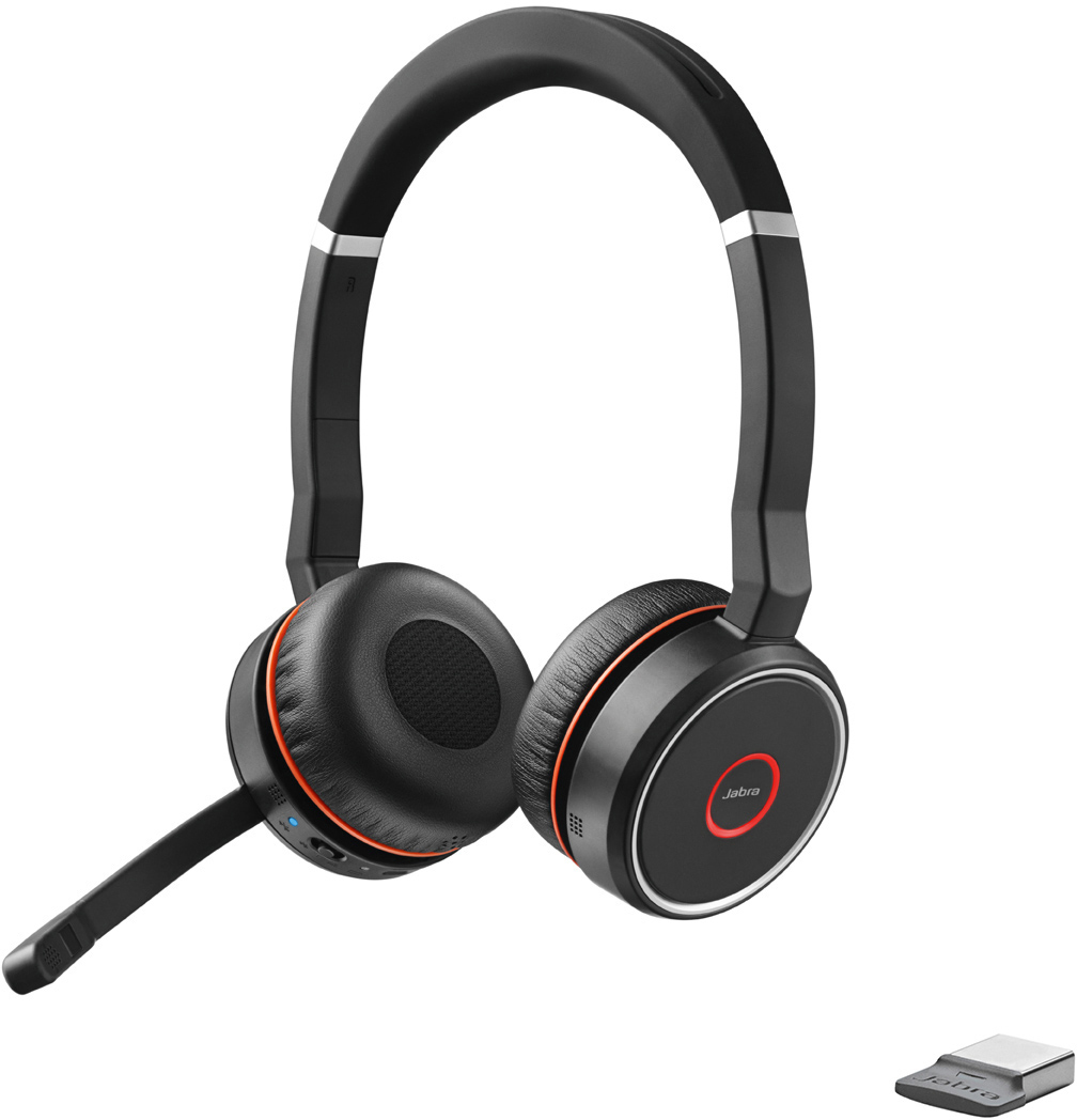 Schwarze Jabra-Kopfhörer mit Bügelmikrofon und kleinem USB-Dongle.