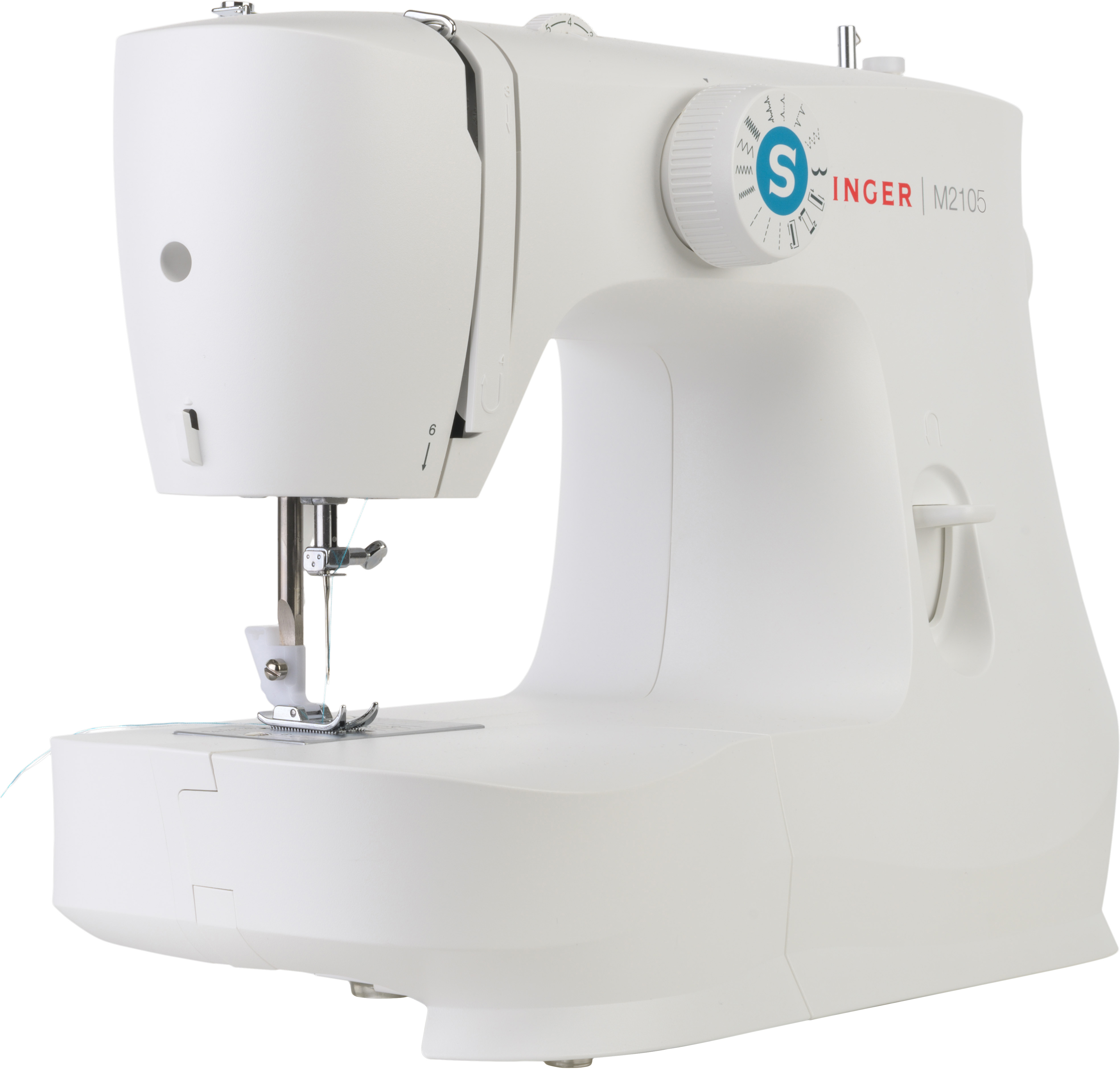 A white sewing machine on a white background.