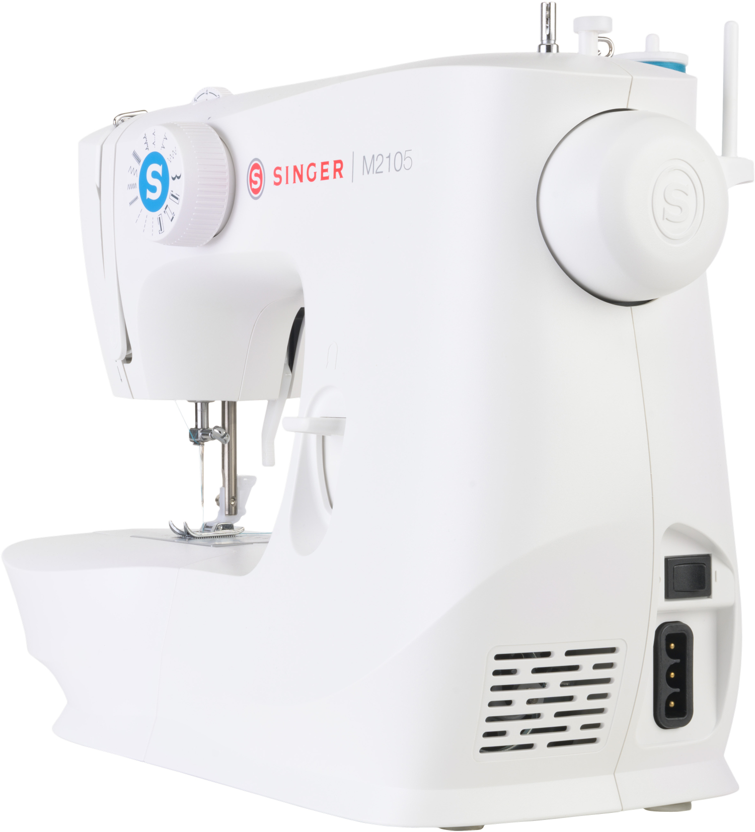 White Singer sewing machine, angled view. Features dials, buttons, and a needle area. White background.