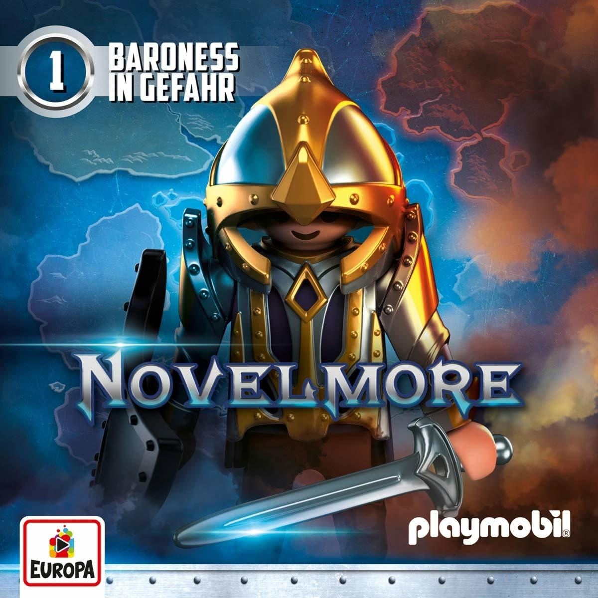 Playmobil-Figur in Rüstung mit Schwert, Novelmore-Logo und Text 'Baroness in Gefahr'.