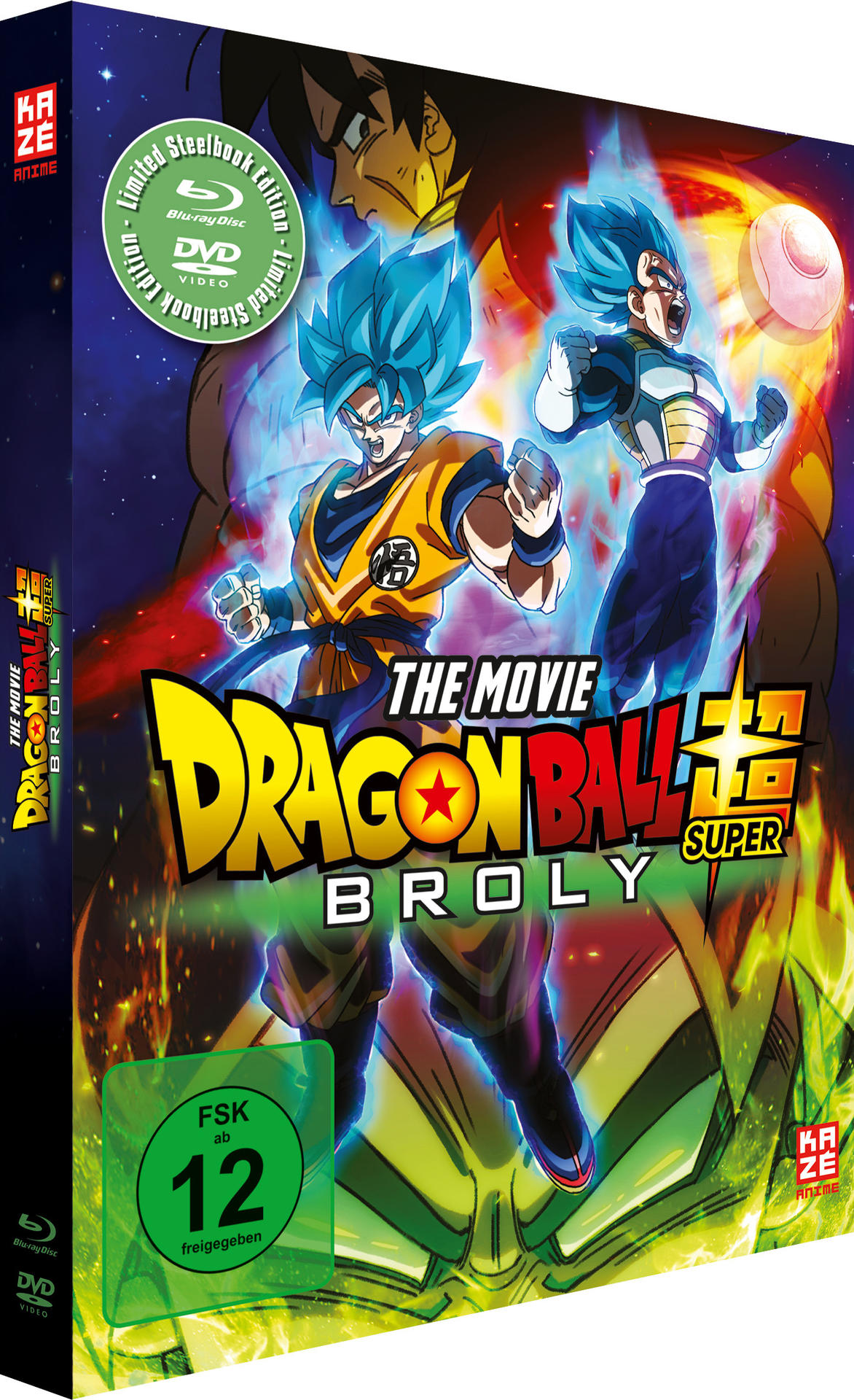 DVD-Cover für 'Dragon Ball Super: Broly' mit Charakteren, Titel und japanischem Text.