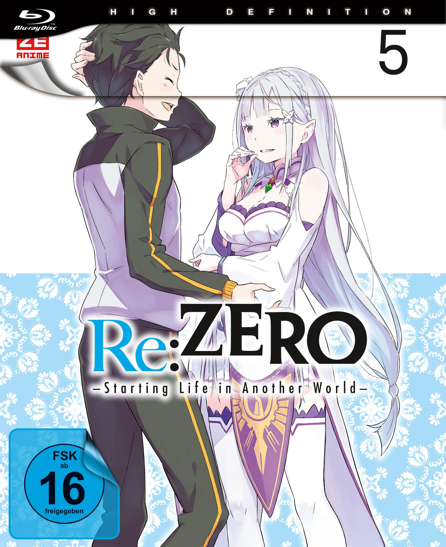 Anime Blu-ray-Cover. Zwei Charaktere, ein Mann und eine Frau, stehen im Zentrum. Titel: Re:ZERO.