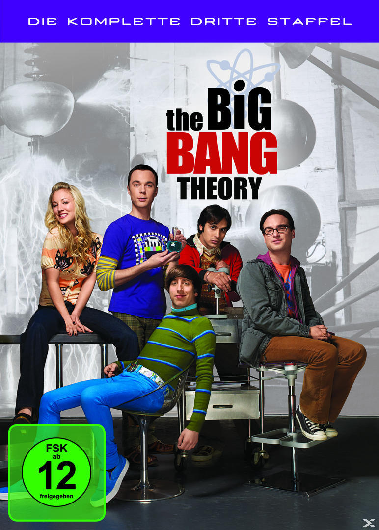 DVD-Cover von 'The Big Bang Theory'. Die Darsteller posieren vor einem Labor.