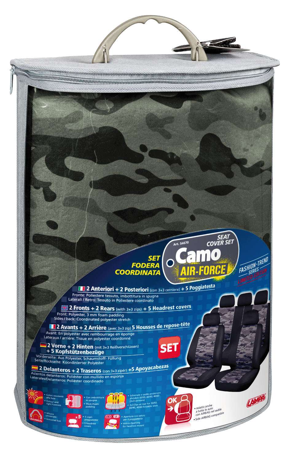 LAMPA Camo Air-Force 9 részes univerzális üléshuzat készlet, terepszínű