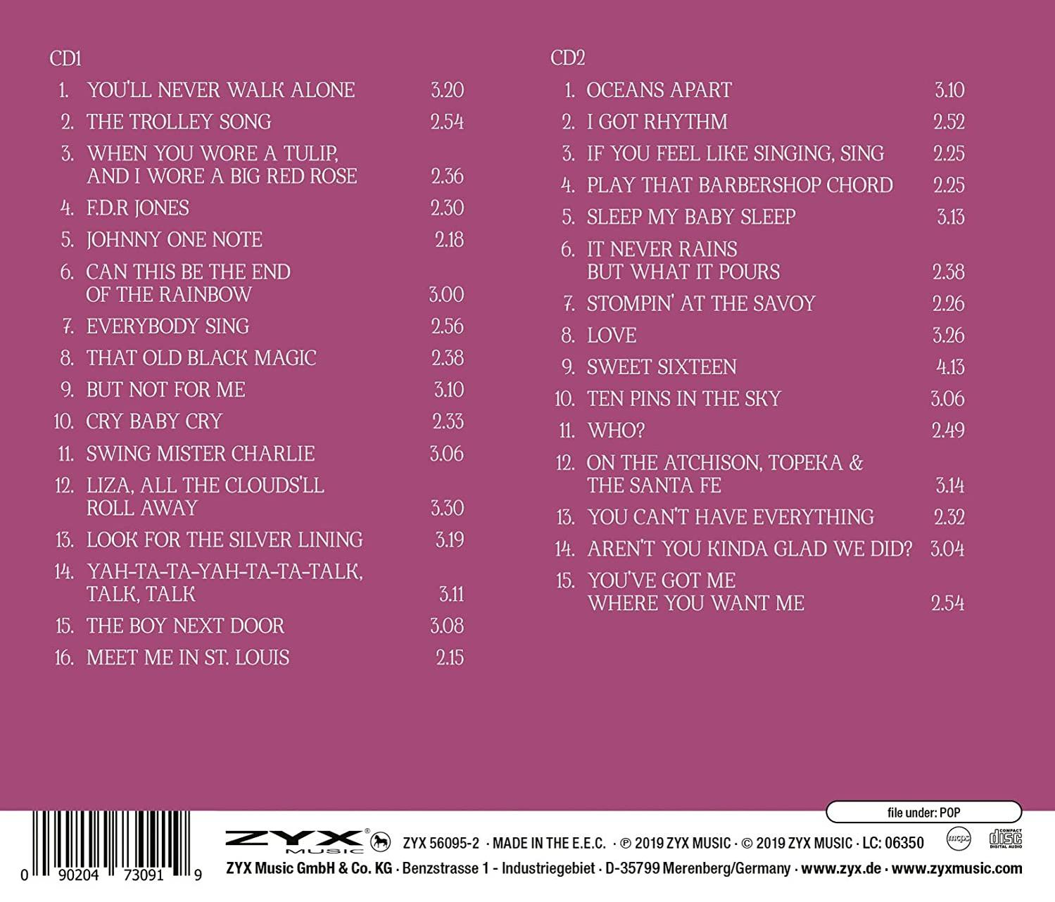 Rückseite einer CD mit Titellisten. Enthält Titel, Zeiten und andere Informationen in Spalten.