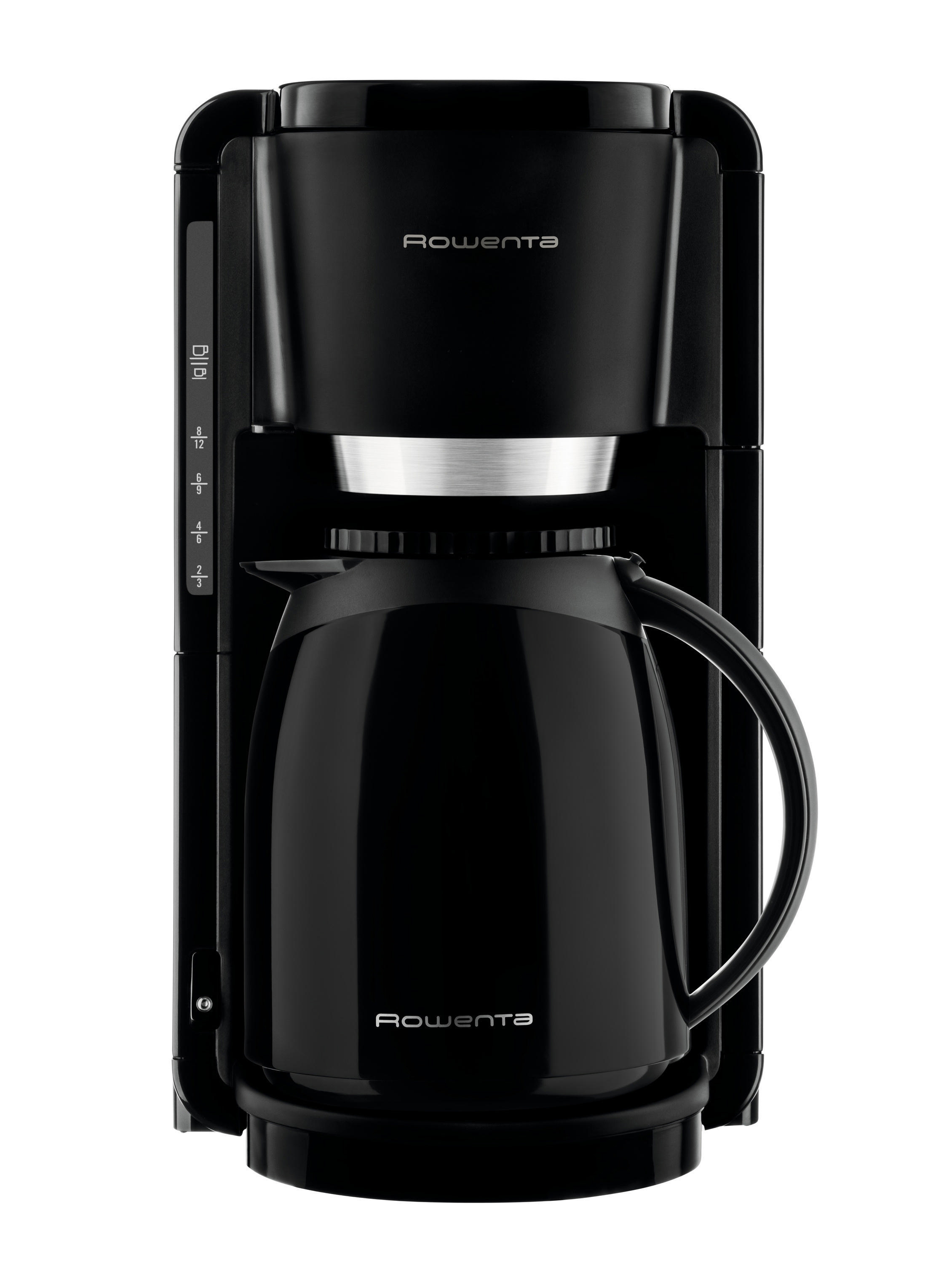 Eine schwarze Kaffeemaschine mit Thermokanne, die Marke 'Rowenta' ist sichtbar.