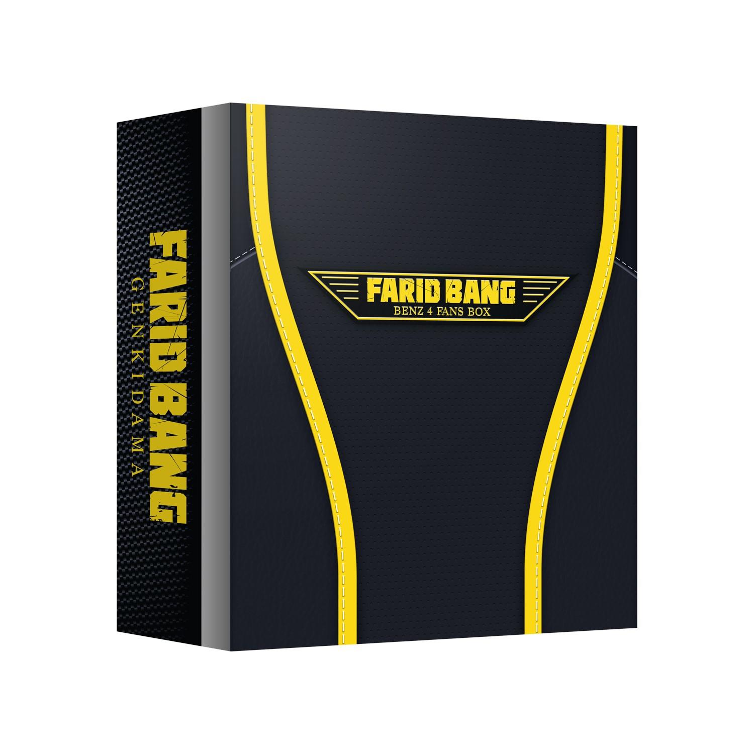 Verpackung. Schwarz mit gelben Linien. Enthält Text 'FARID BANG BENZ 4 FANS BOX'.