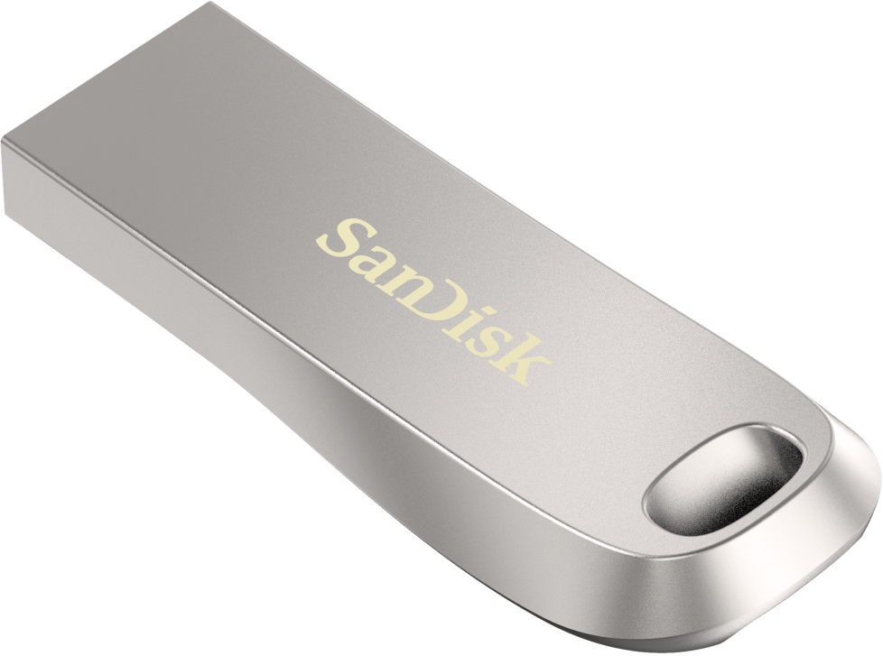 Une clé USB SanDisk argentée avec le nom de la marque dessus.