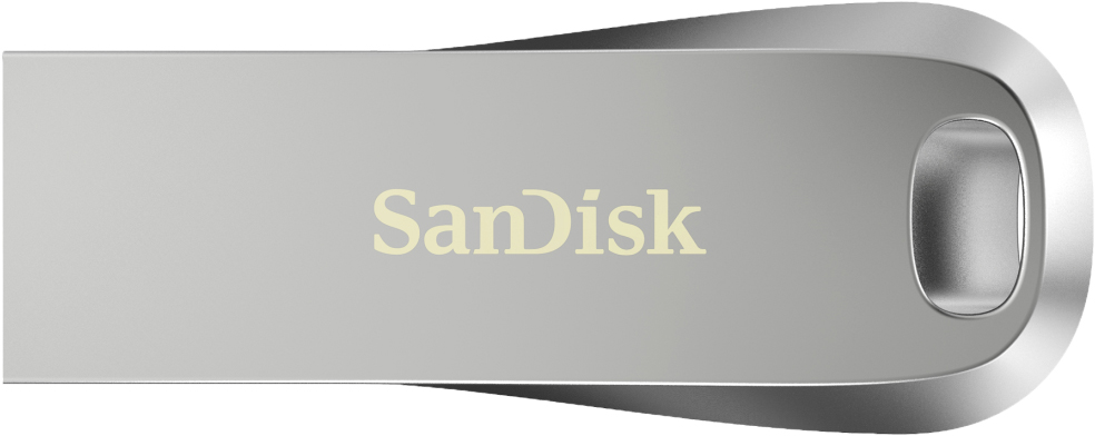 Gros plan sur une clé USB Sandisk argentée avec le logo Sandisk en beige.