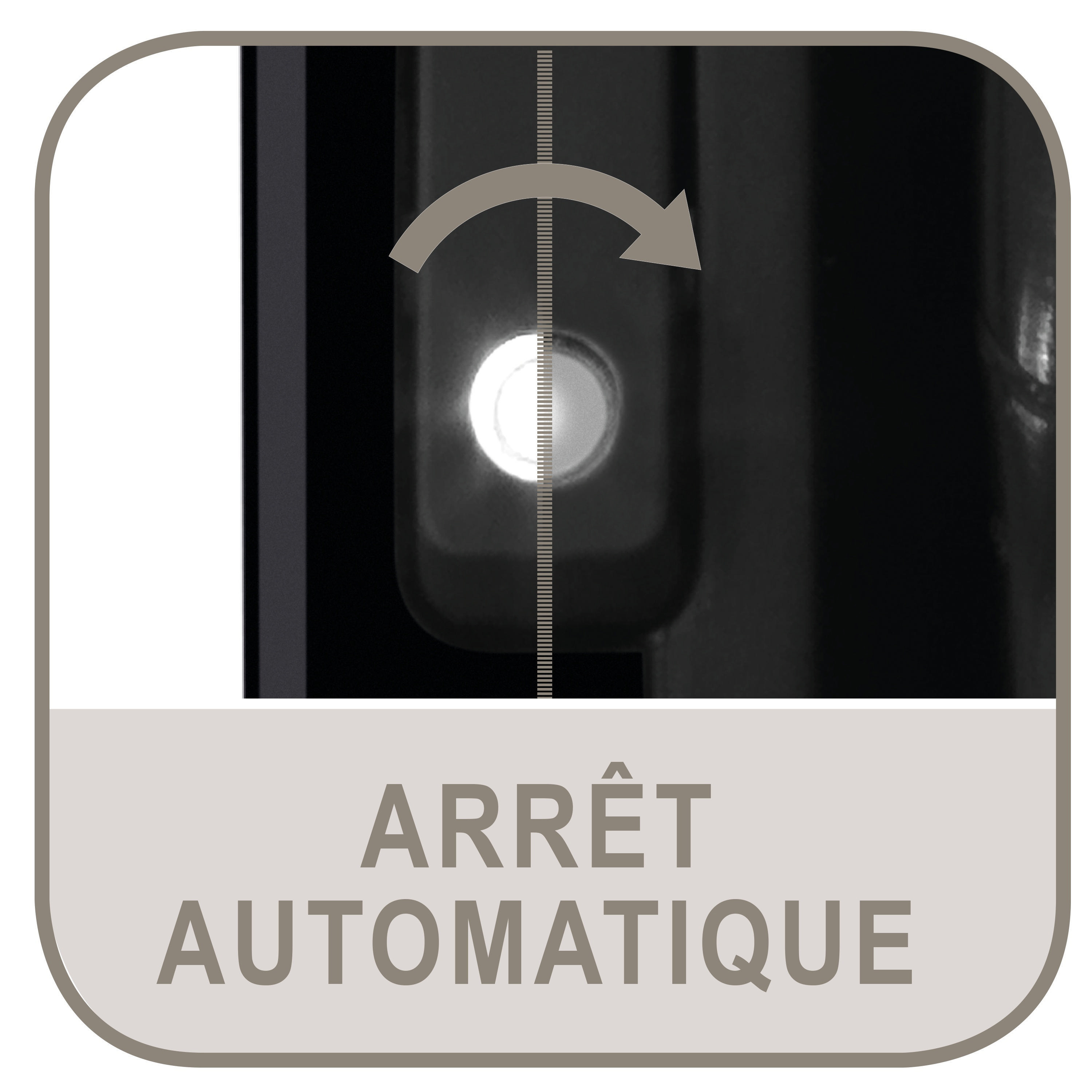 Knopf mit Pfeil, der einen automatischen Stopp auf einem schwarzen Gerät mit dem Text 'ARRÊT AUTOMATIQUE' anzeigt.
