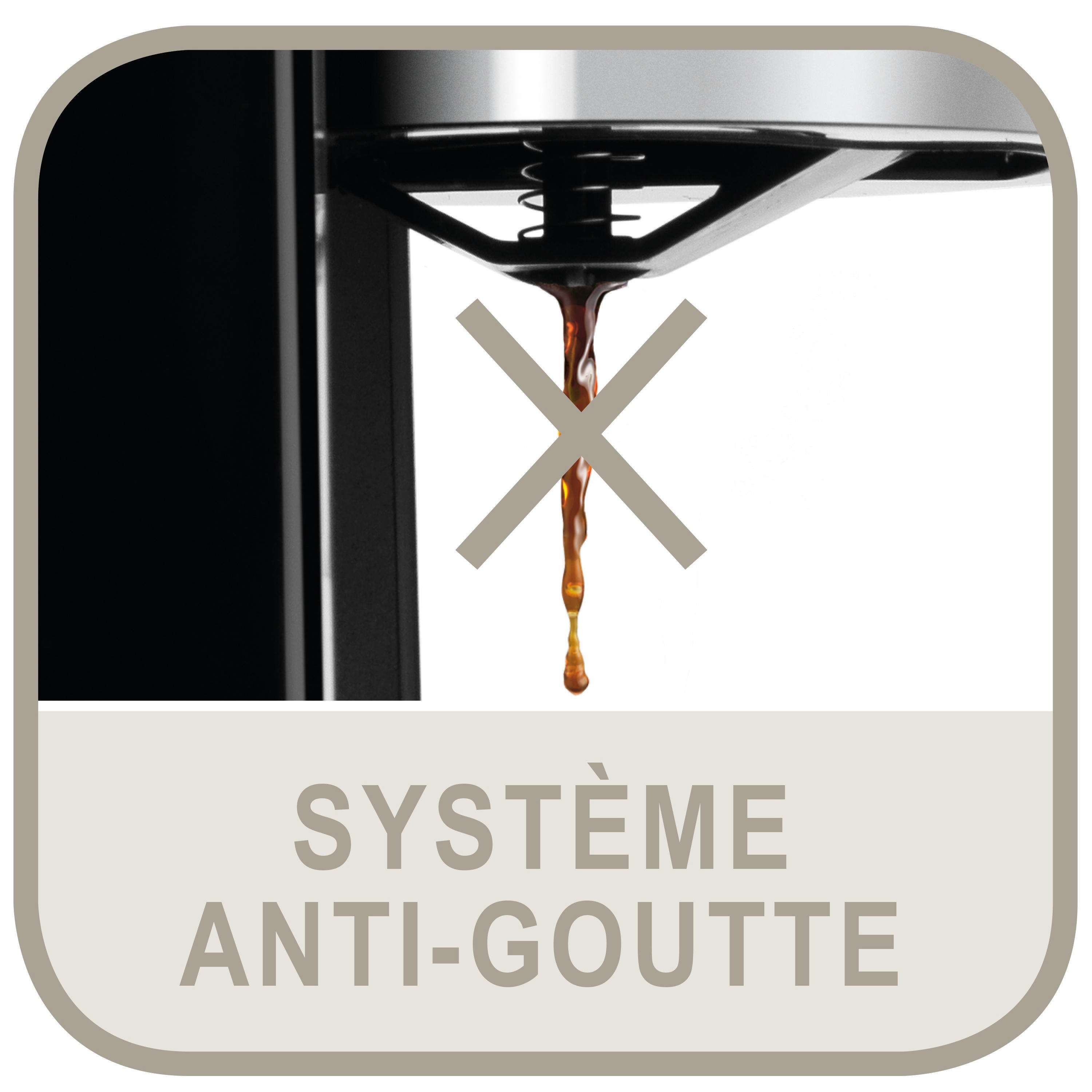Bild zeigt ein System mit Tropf-Stopp-Funktion, ein Kreuzsymbol über tropfendem Kaffee.