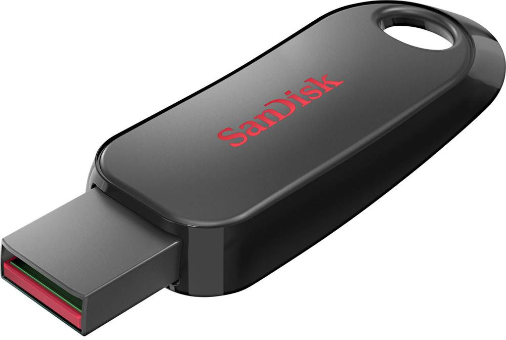 Une clé USB SanDisk noire et rouge. Le logo SanDisk est en rouge.
