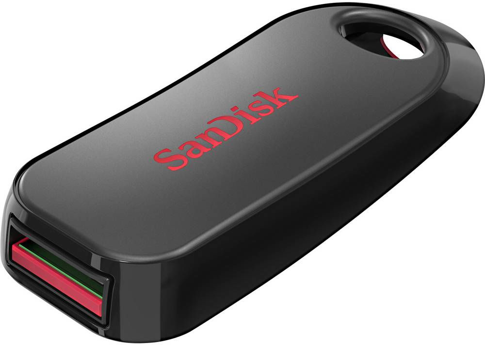 Une clé USB SanDisk noire et rouge. Il a un trou pour une lanière et le nom de la marque.