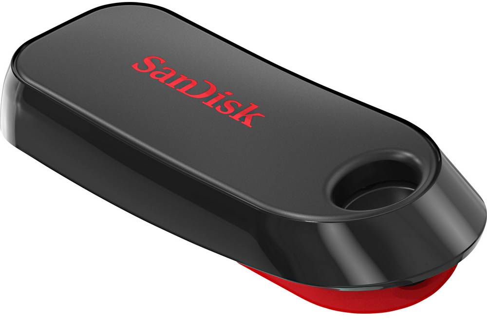 Clé USB SanDisk noire et rouge. La marque est en rouge.