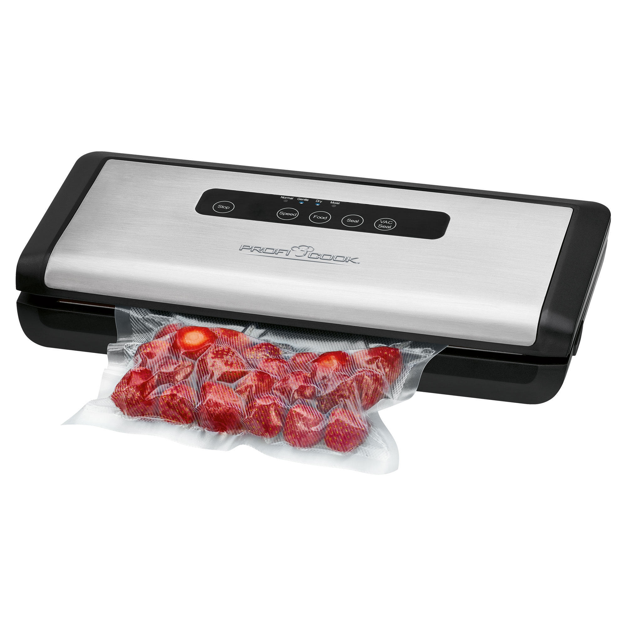 Vakuumiergerät mit Plastikbeutel mit Erdbeeren. Silberne Oberseite und schwarze Basis.