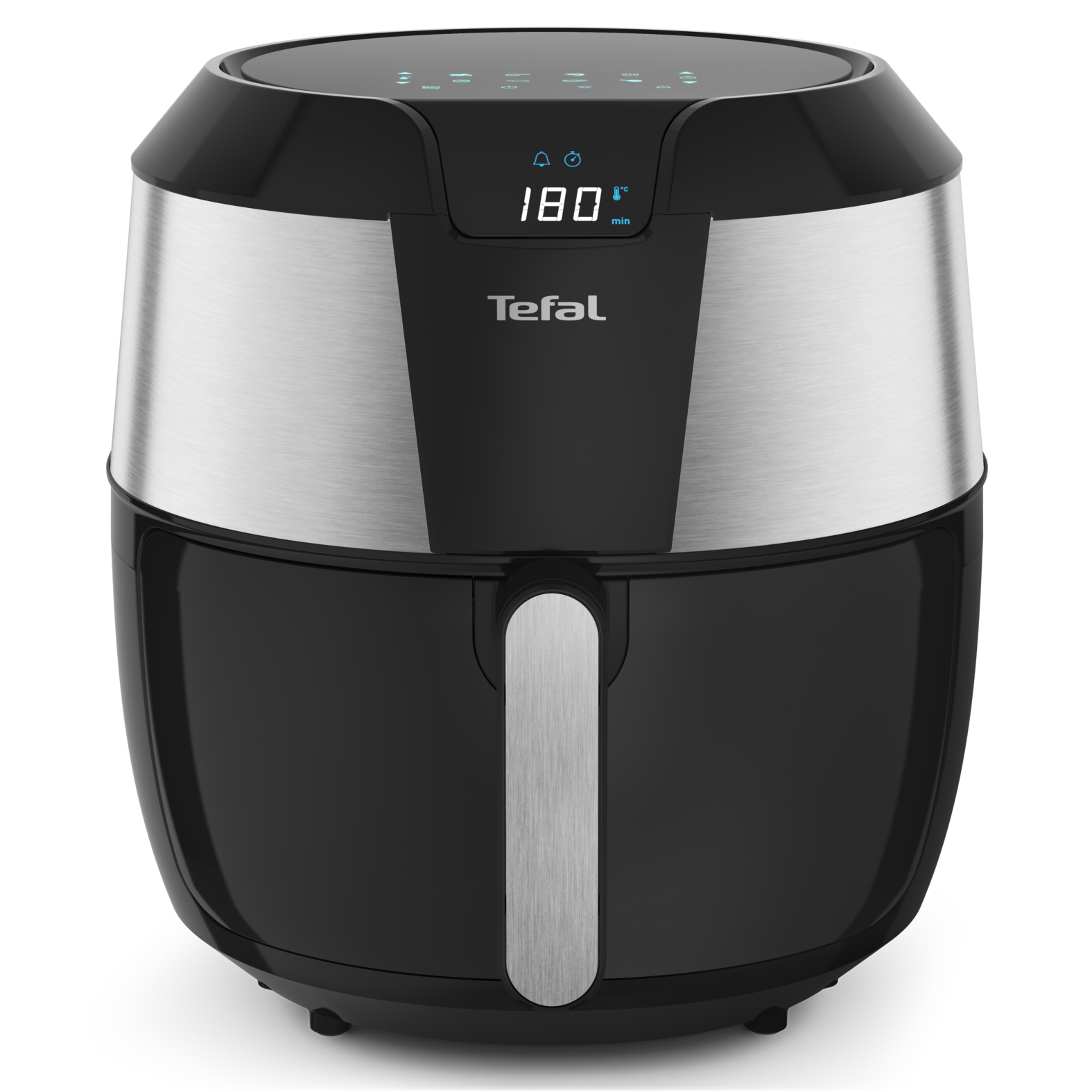 A black and silver air fryer with a digital display showing the temperature 180°.